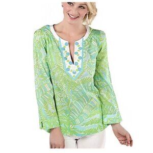 LILLY PULITZER Thandie Embellished Tunic Shorely Blue Hot House Placed Womens XL